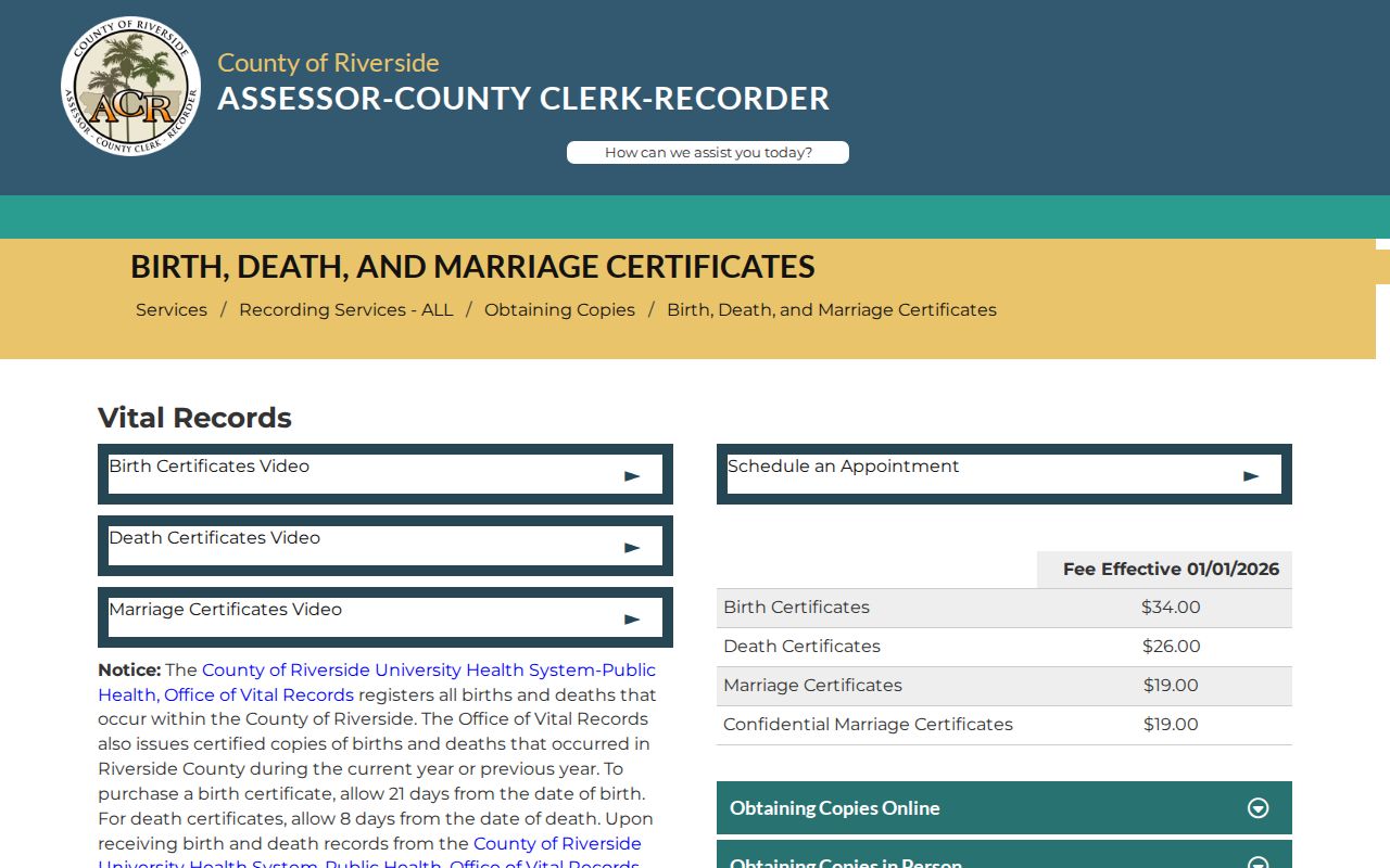 Coachella public records Riverside vital records certificate page