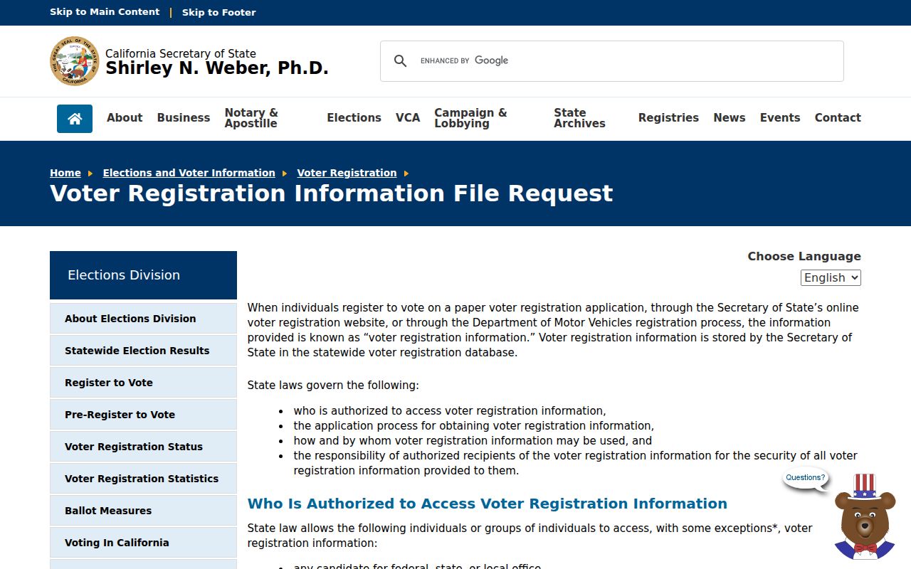 Coachella voter registration records SOS voter file request page